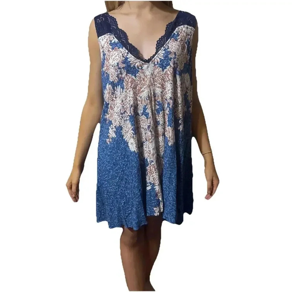 Free People Floral Printed Boho‎ Hippie Crochet Lace Top Gown Dress M